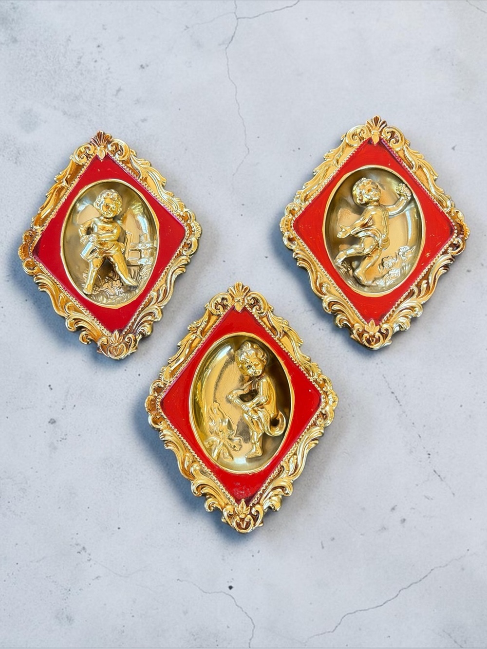 VINTAGE ARDCO JAPAN RED & GOLD CHERUB WALL PLAQUES – SET OF THREE
